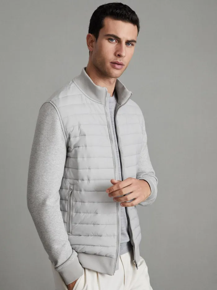 Men Reiss Outerwear and Coats Freddie Hybrid Quilt And Knit ZipThrough Jacket Soft Grey Melange Men Reiss Outerwear and Coats Freddie Hybrid Quilt And Knit ZipThrough Jacket Soft Grey Melange