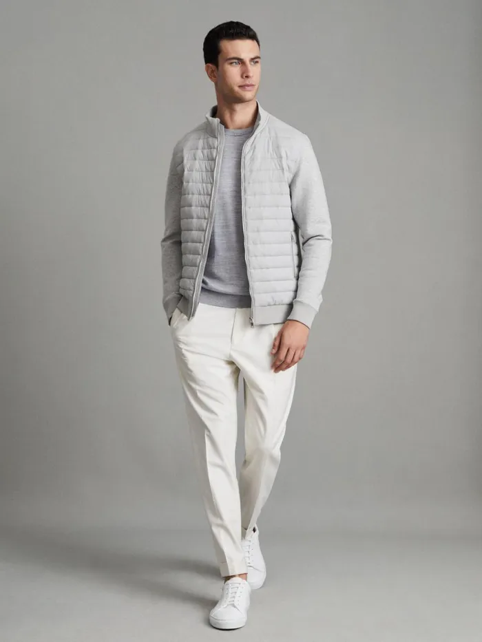 Men Reiss Outerwear and Coats Freddie Hybrid Quilt And Knit ZipThrough Jacket Soft Grey Melange