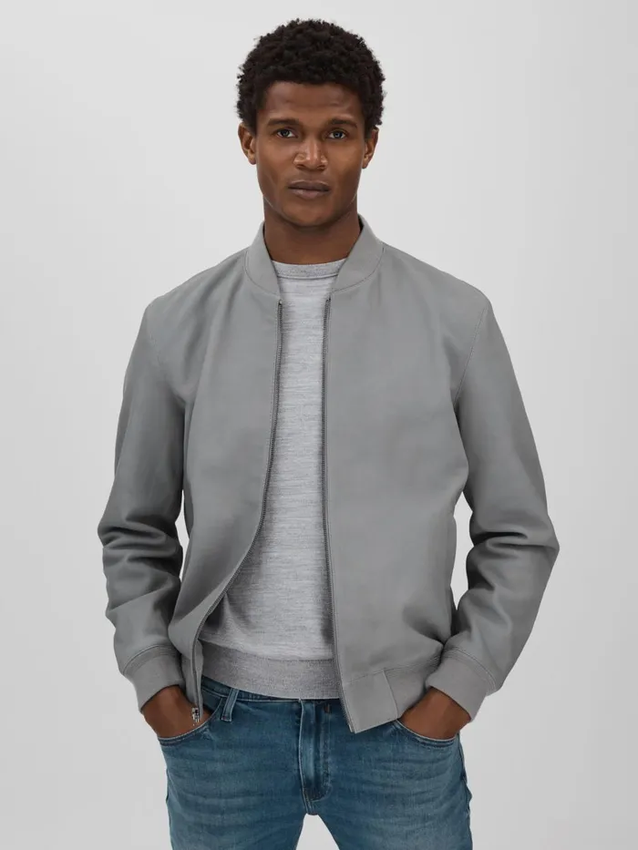 Men Reiss Outerwear and Coats Leather Bomber Jacket Grey