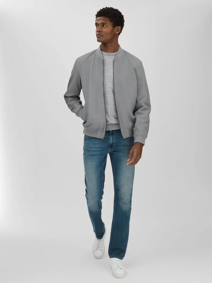 Men Reiss Outerwear and Coats Leather Bomber Jacket Grey