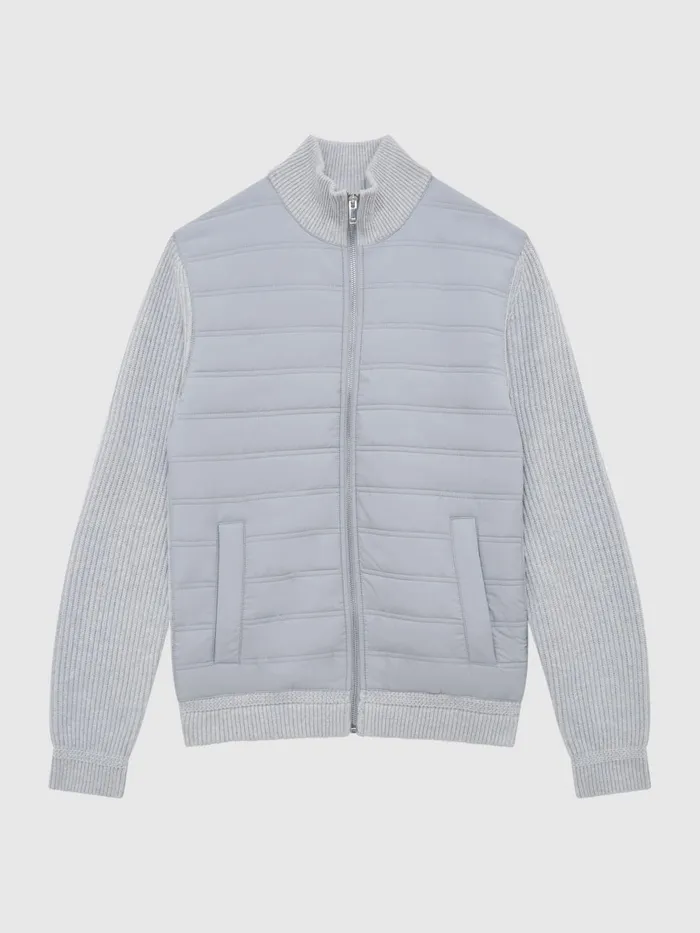 Men Reiss Outerwear and Coats Soft Grey Trainer Hybrid Quilt And Knit ZipThrough Jacket Soft Grey