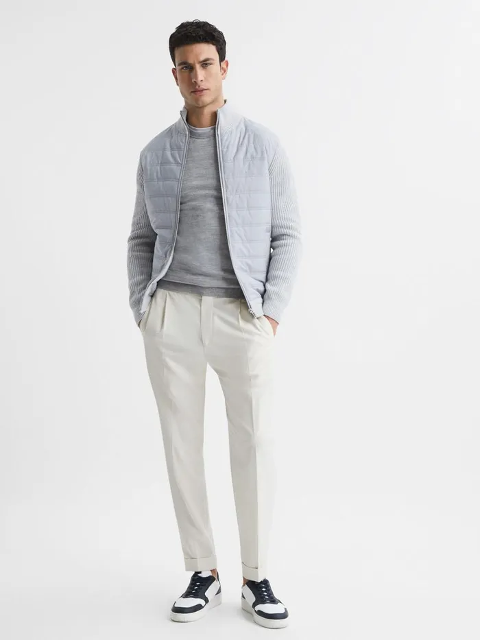 Men Reiss Outerwear and Coats Soft Grey Trainer Hybrid Quilt And Knit ZipThrough Jacket Soft Grey
