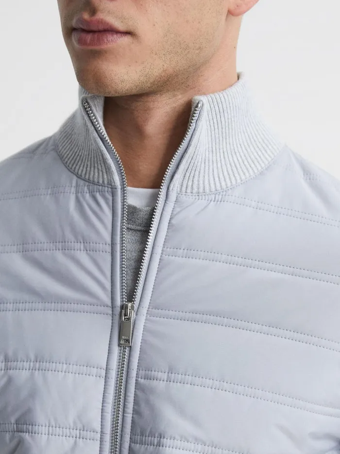 Men Reiss Outerwear and Coats Soft Grey Trainer Hybrid Quilt And Knit ZipThrough Jacket Soft Grey