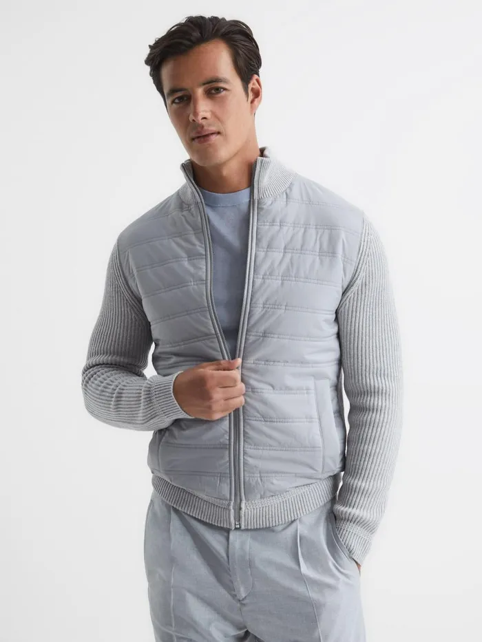 Men Reiss Outerwear and Coats Soft Grey Trainer Hybrid Quilt And Knit ZipThrough Jacket Soft Grey