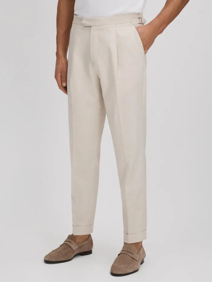 Men Reiss Pants Elite Slim Fit Adjuster Tapered Trousers With TurnUps Ecru