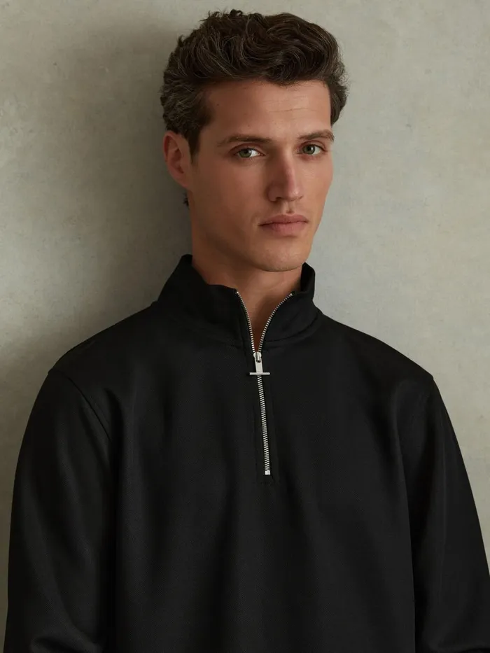 Men Reiss Polo Shirts Barret Textured HalfZip Funnel Neck Jumper Black