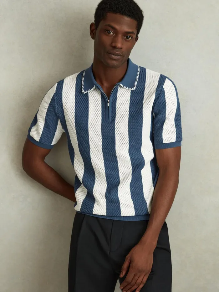 Men Reiss Polo Shirts Paros Knitted HalfZip Polo Shirt Airforce Blueecru
