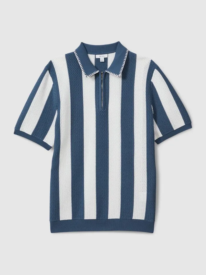 Men Reiss Polo Shirts Paros Knitted HalfZip Polo Shirt Airforce Blueecru