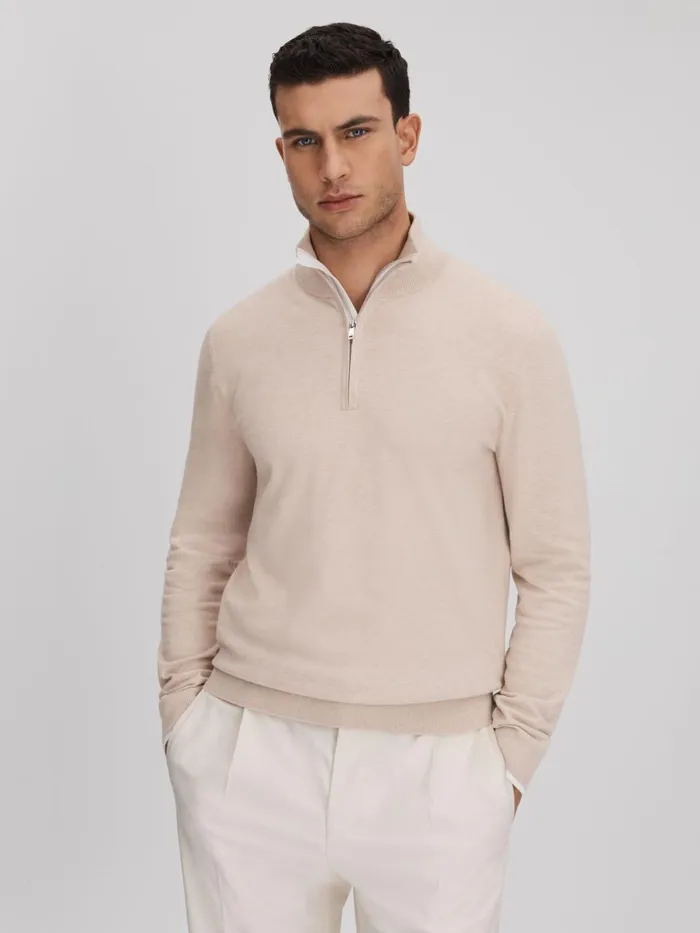 Men Reiss Polo Shirts Swinley Cotton Blend HalfZip Funnel Neck Jumper Camel