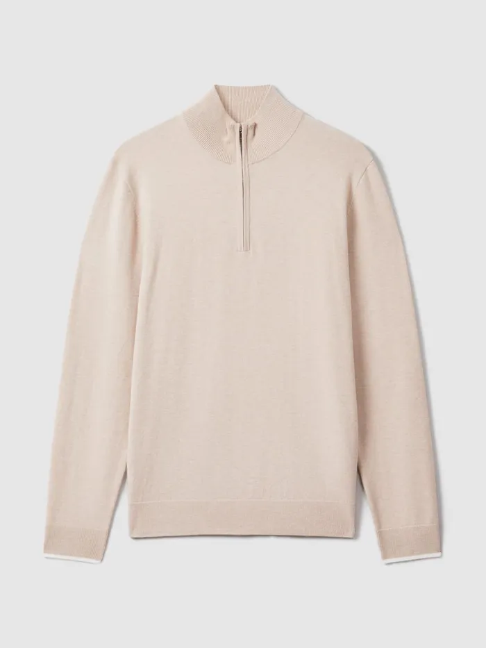 Men Reiss Polo Shirts Swinley Cotton Blend HalfZip Funnel Neck Jumper Camel