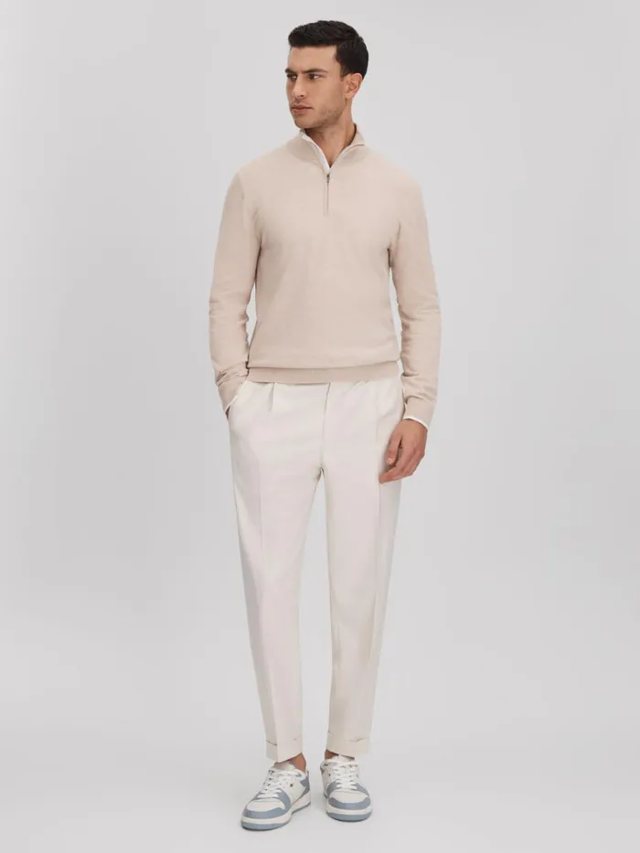Men Reiss Polo Shirts Swinley Cotton Blend HalfZip Funnel Neck Jumper Camel