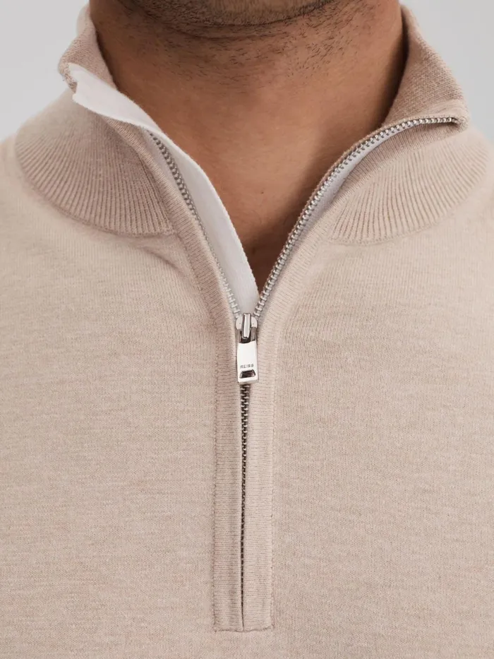 Men Reiss Polo Shirts Swinley Cotton Blend HalfZip Funnel Neck Jumper Camel