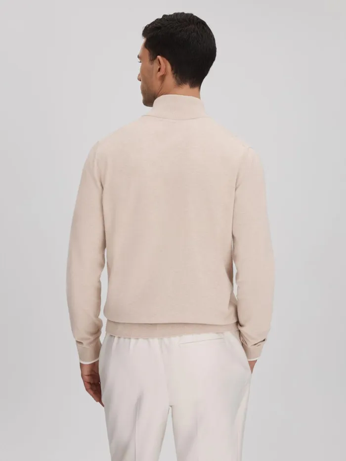 Men Reiss Polo Shirts Swinley Cotton Blend HalfZip Funnel Neck Jumper Camel