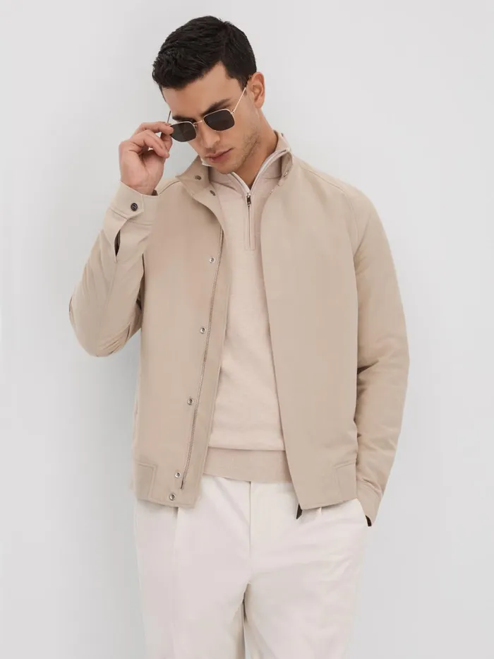 Men Reiss Polo Shirts Swinley Cotton Blend HalfZip Funnel Neck Jumper Camel