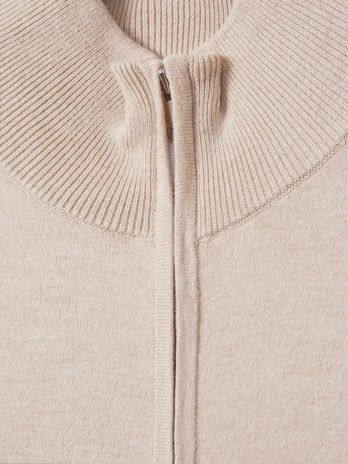 Men Reiss Polo Shirts Swinley Cotton Blend HalfZip Funnel Neck Jumper Camel
