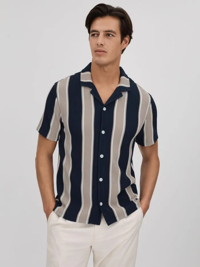 Men Reiss Shirts Alton Slim Fit Ribbed Cuban Collar Shirt Navycamel