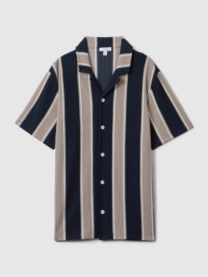 Men Reiss Shirts Alton Slim Fit Ribbed Cuban Collar Shirt Navycamel