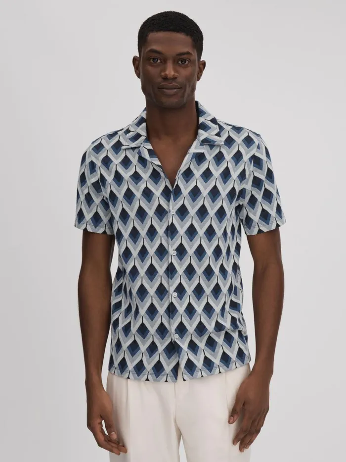 Men Reiss Shirts Beech Cotton Blend Jacquard Cuban Collar Shirt Navy Multi