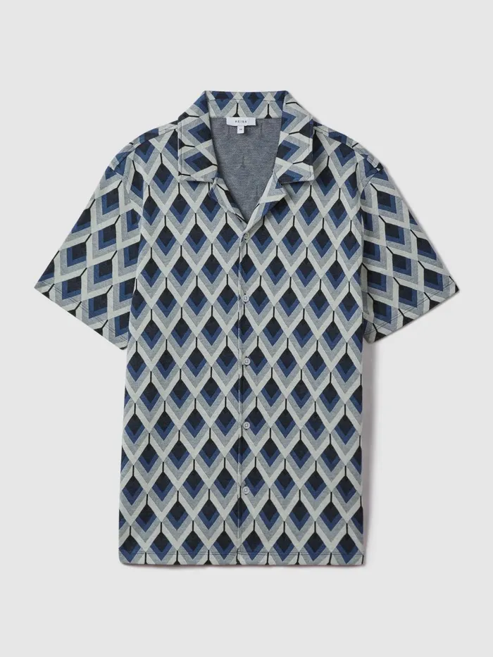 Men Reiss Shirts Beech Cotton Blend Jacquard Cuban Collar Shirt Navy Multi