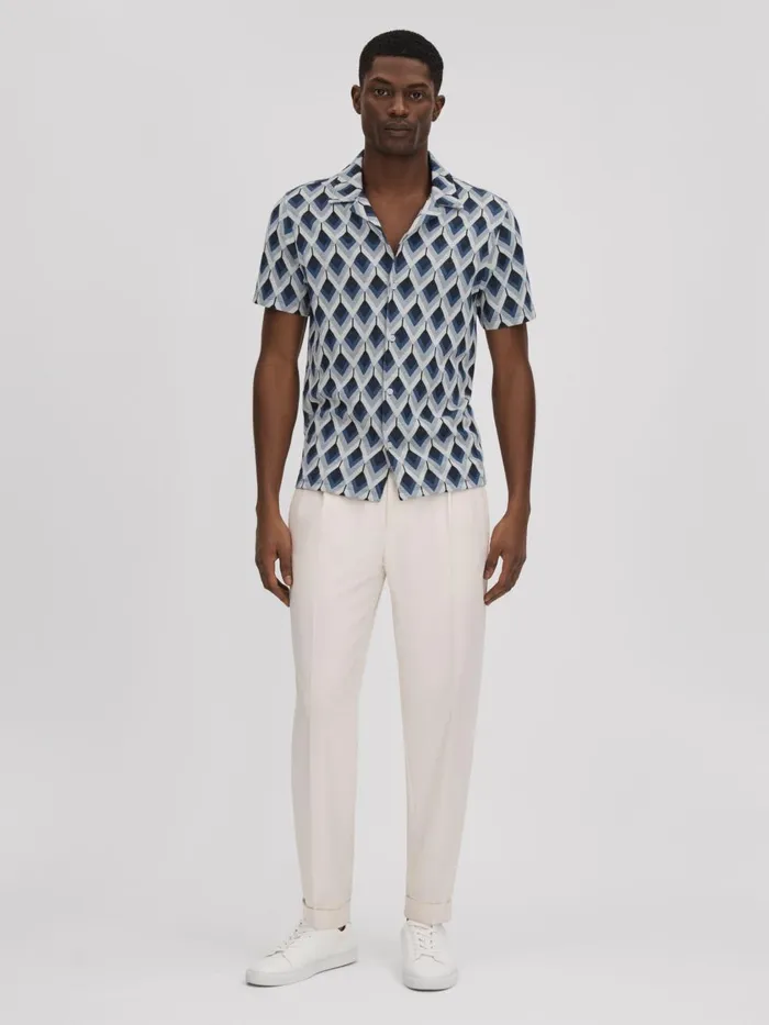 Men Reiss Shirts Beech Cotton Blend Jacquard Cuban Collar Shirt Navy Multi