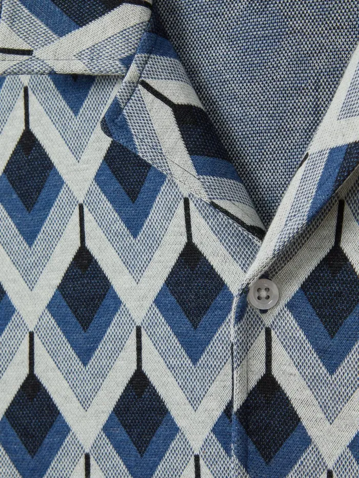 Men Reiss Shirts Beech Cotton Blend Jacquard Cuban Collar Shirt Navy Multi