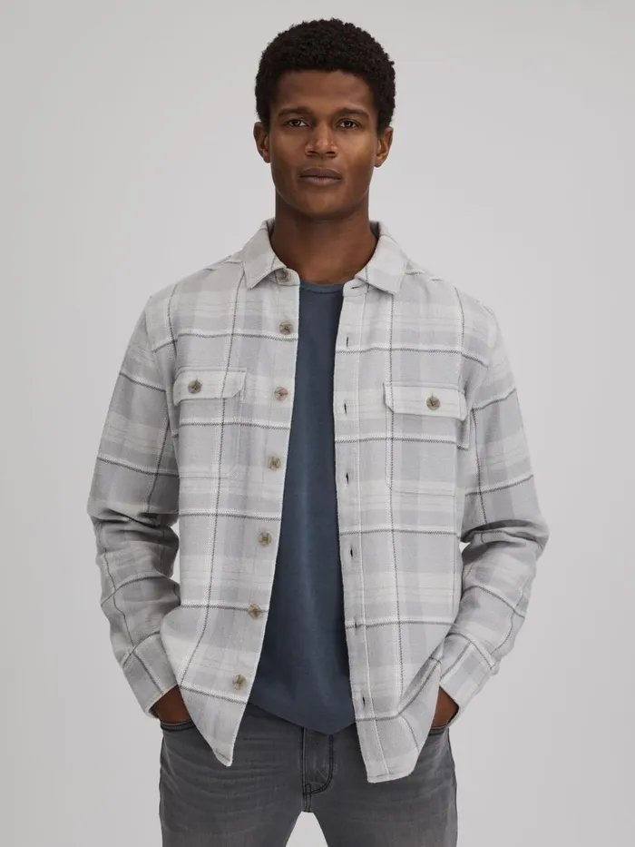 Men Reiss Shirts Cotton Checked Overshirt Grey