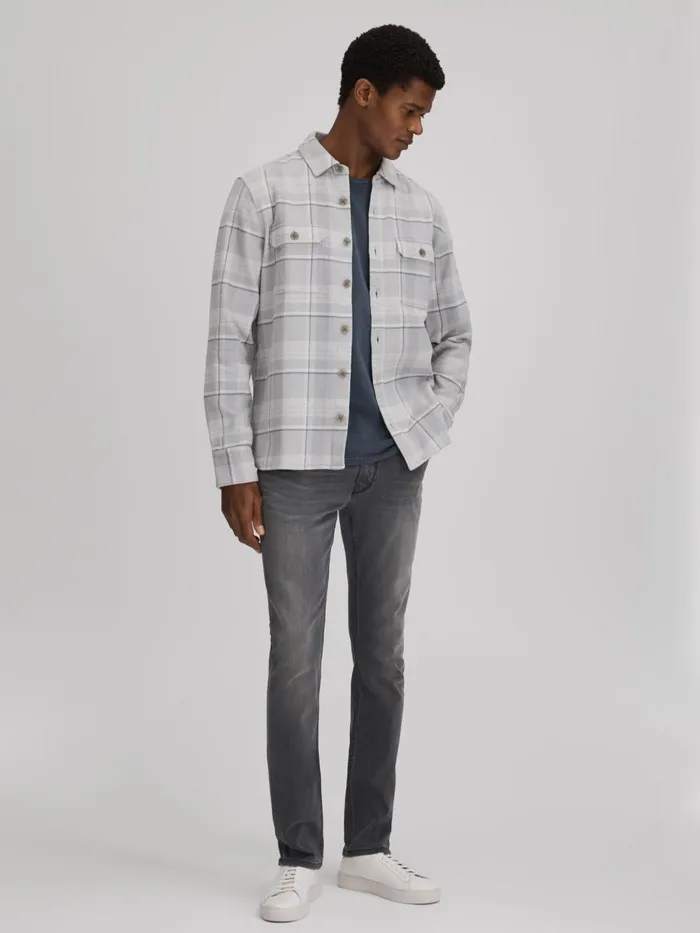 Men Reiss Shirts Cotton Checked Overshirt Grey