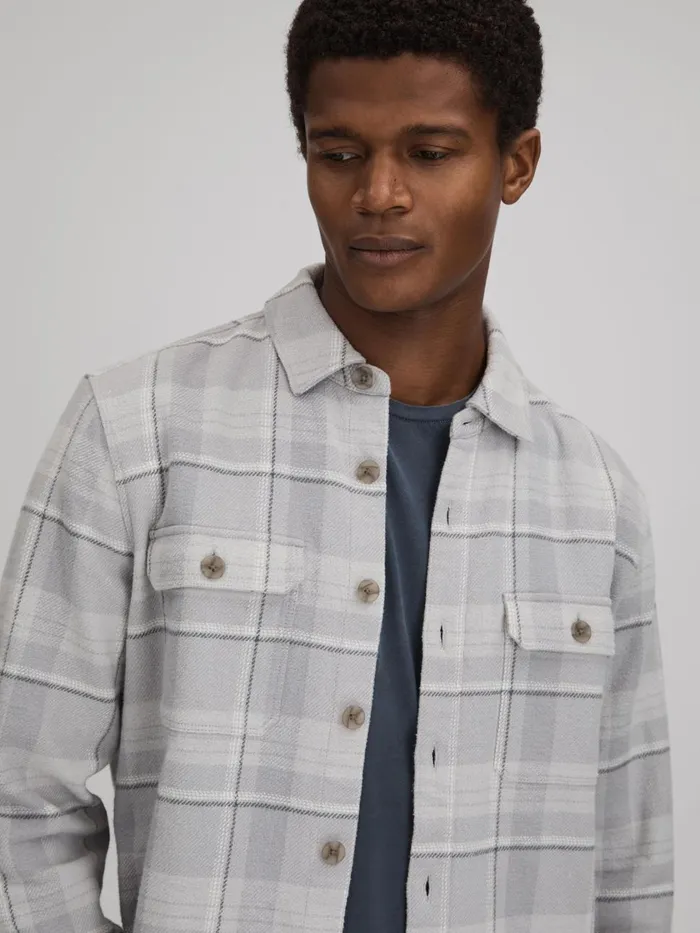 Men Reiss Shirts Cotton Checked Overshirt Grey