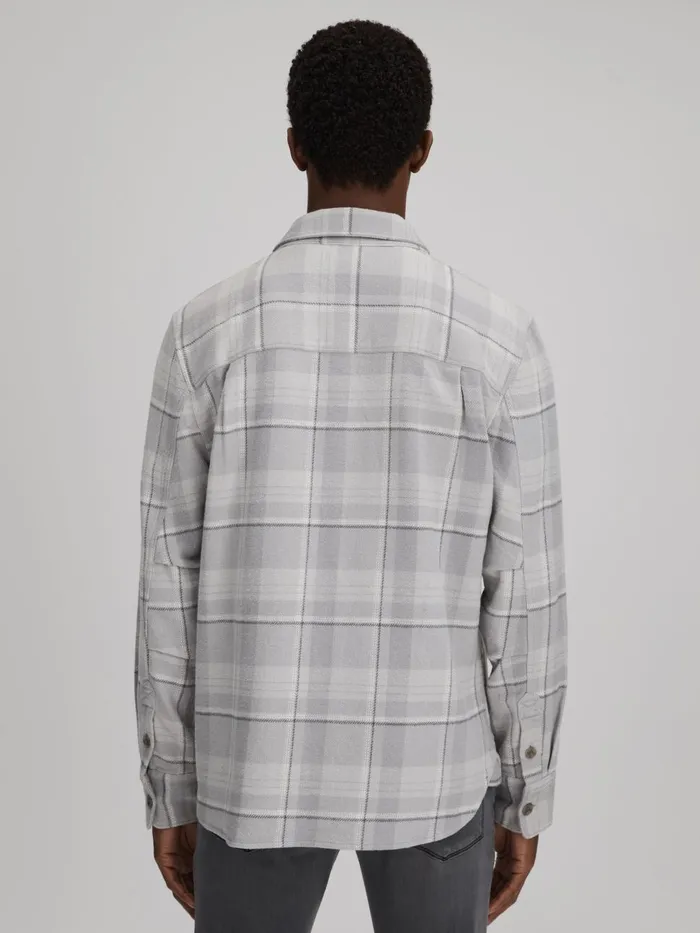 Men Reiss Shirts Cotton Checked Overshirt Grey