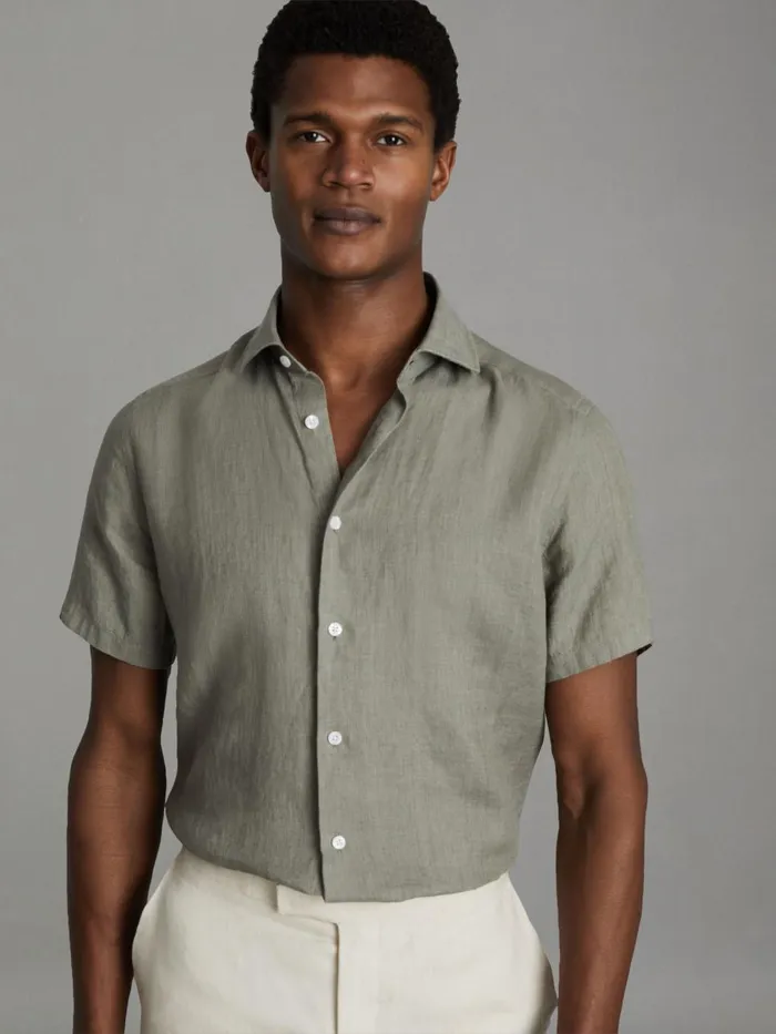 Men Reiss Shirts Holiday Slim Fit Linen ButtonThrough Shirt Pistachio