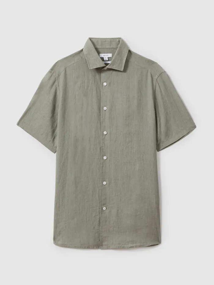 Men Reiss Shirts Holiday Slim Fit Linen ButtonThrough Shirt Pistachio