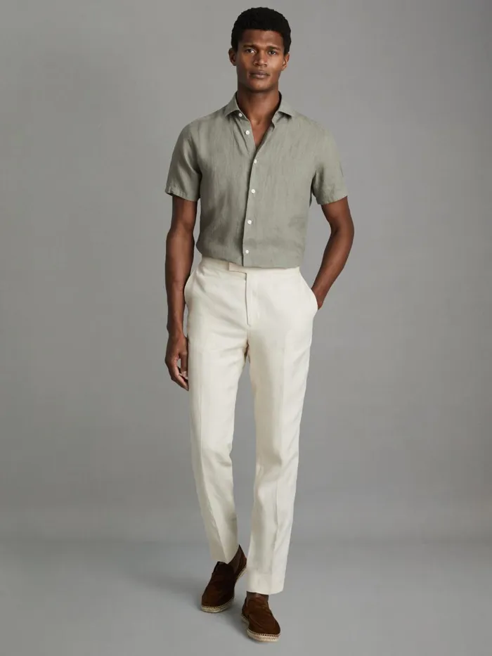 Men Reiss Shirts Holiday Slim Fit Linen ButtonThrough Shirt Pistachio