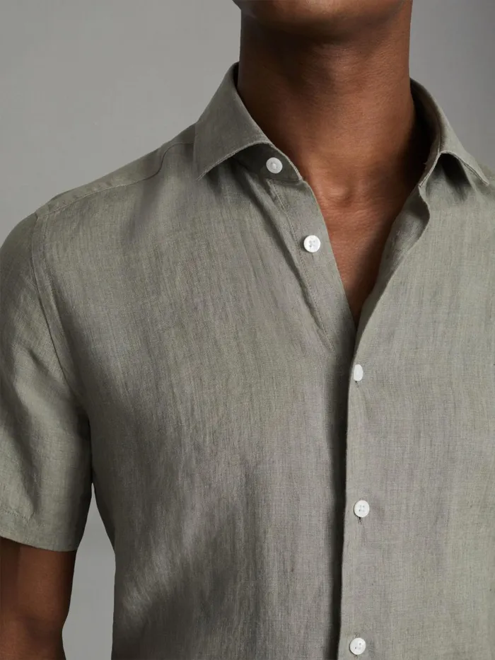 Men Reiss Shirts Holiday Slim Fit Linen ButtonThrough Shirt Pistachio