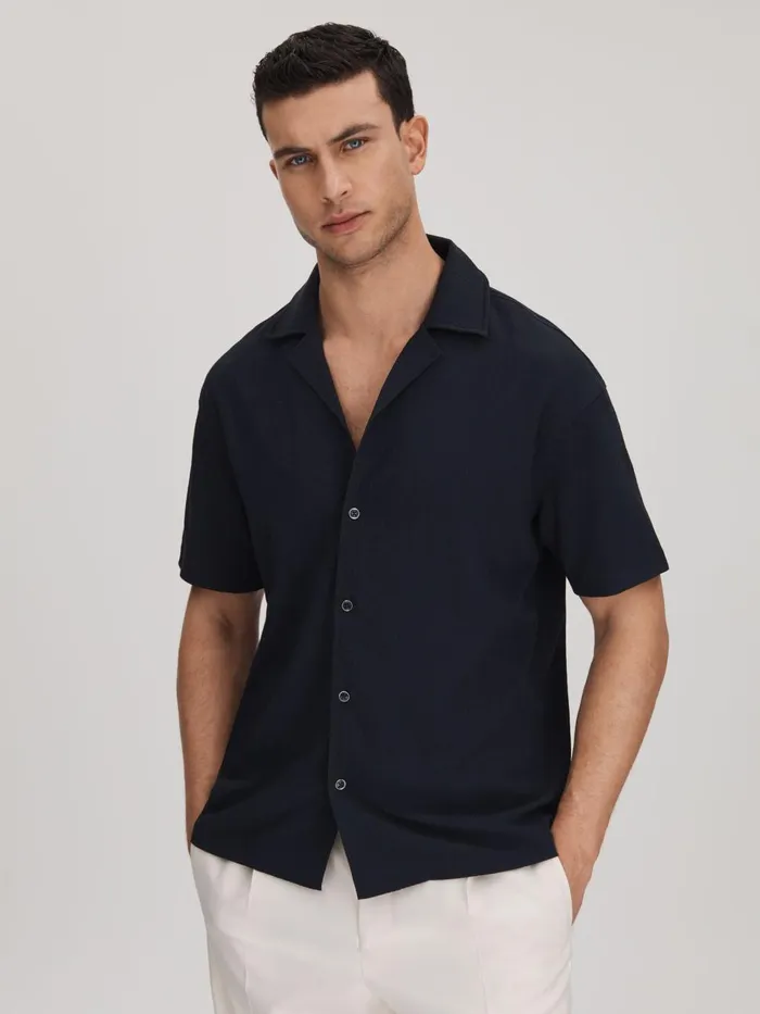 Men Reiss Shirts Hunt Textured Cuban Collar Shirt Navy