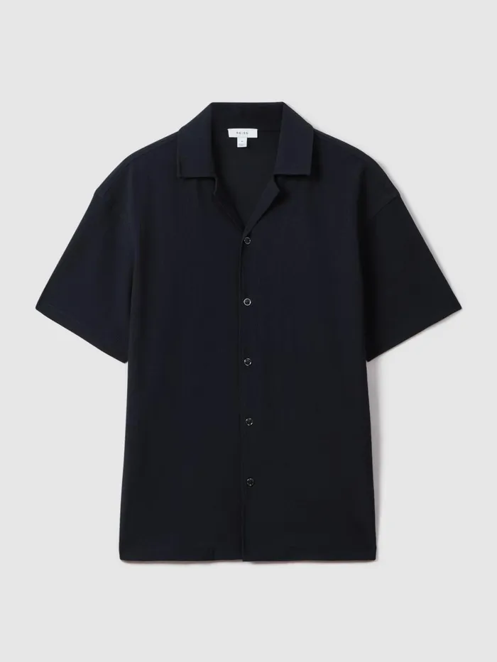 Men Reiss Shirts Hunt Textured Cuban Collar Shirt Navy
