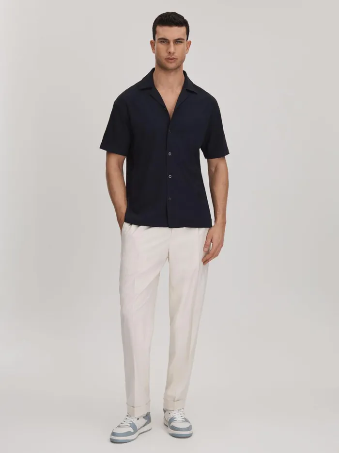 Men Reiss Shirts Hunt Textured Cuban Collar Shirt Navy
