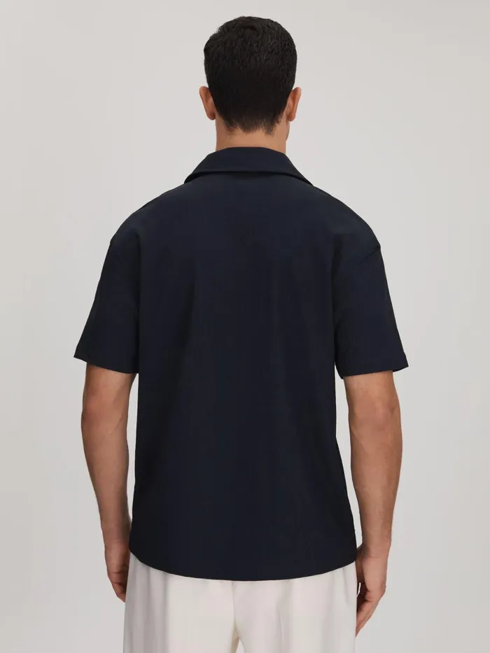 Men Reiss Shirts Hunt Textured Cuban Collar Shirt Navy
