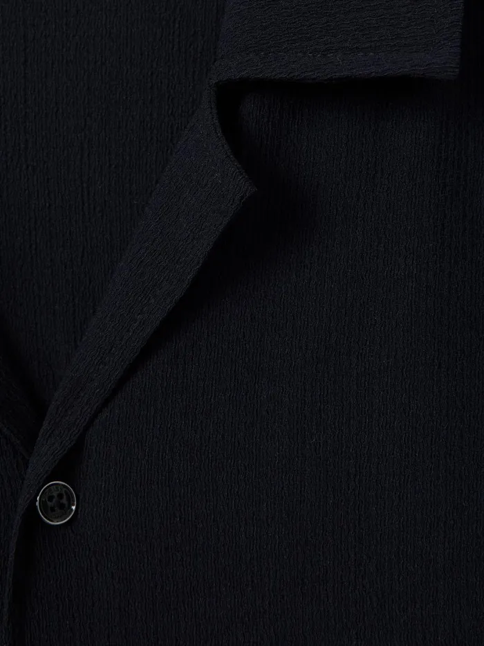 Men Reiss Shirts Hunt Textured Cuban Collar Shirt Navy