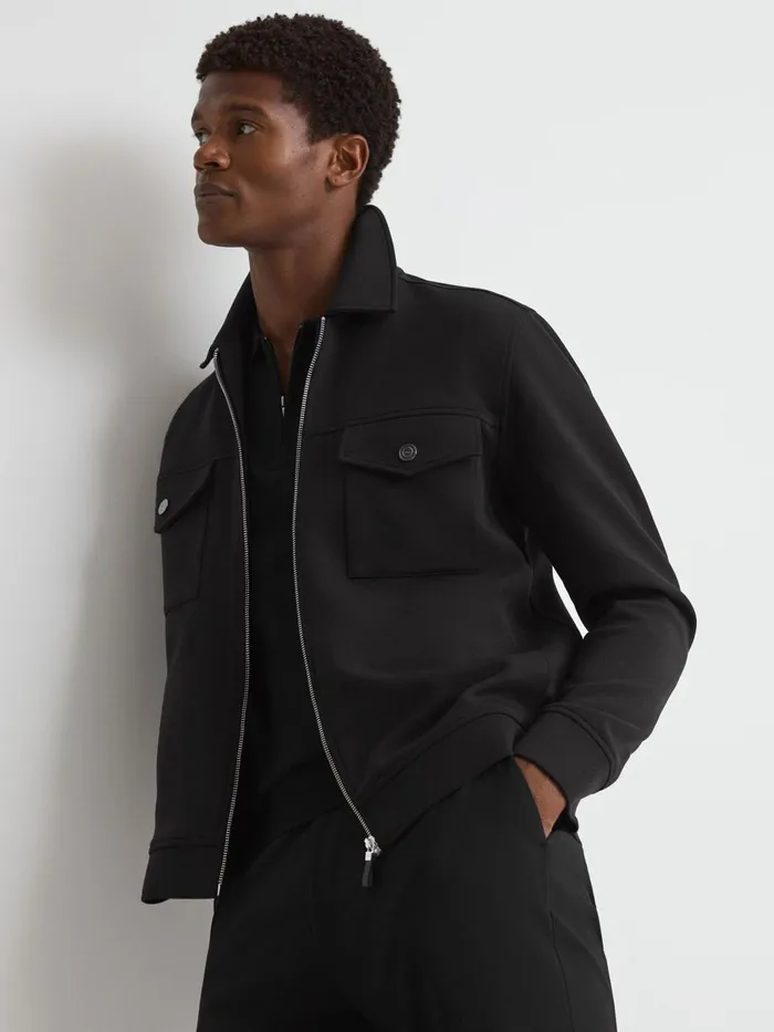 Men Reiss Shirts Jersey ZipThrough Jacket Black