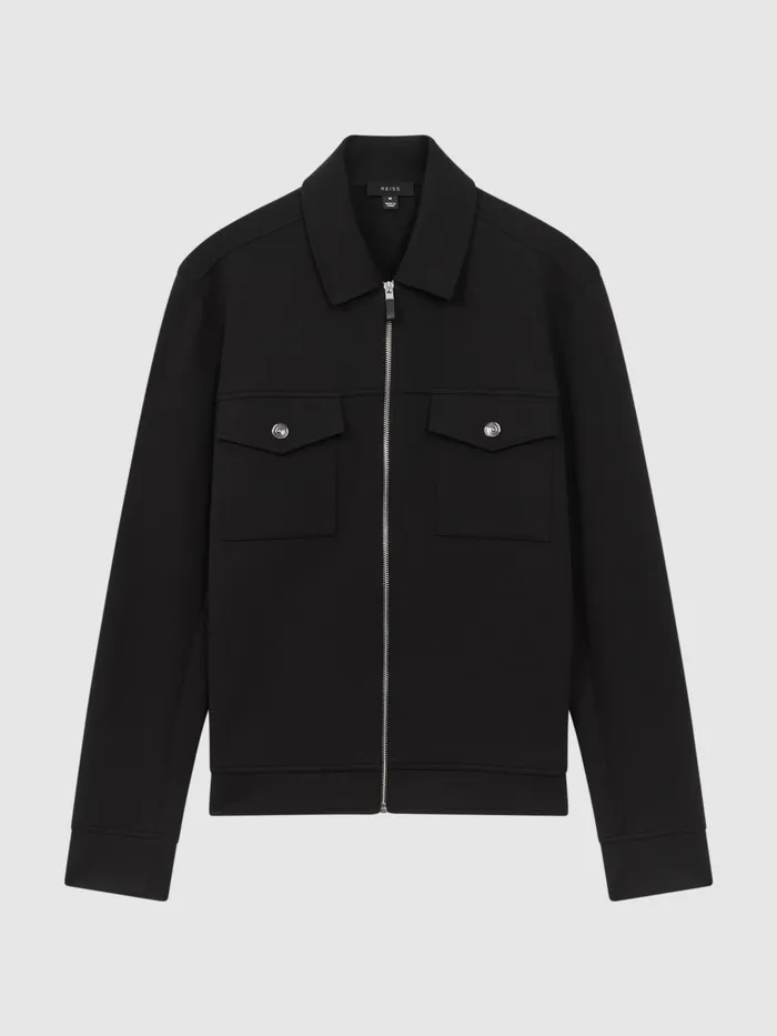 Men Reiss Shirts Jersey ZipThrough Jacket Black