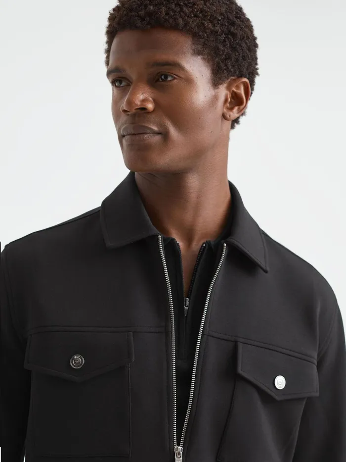 Men Reiss Shirts Jersey ZipThrough Jacket Black
