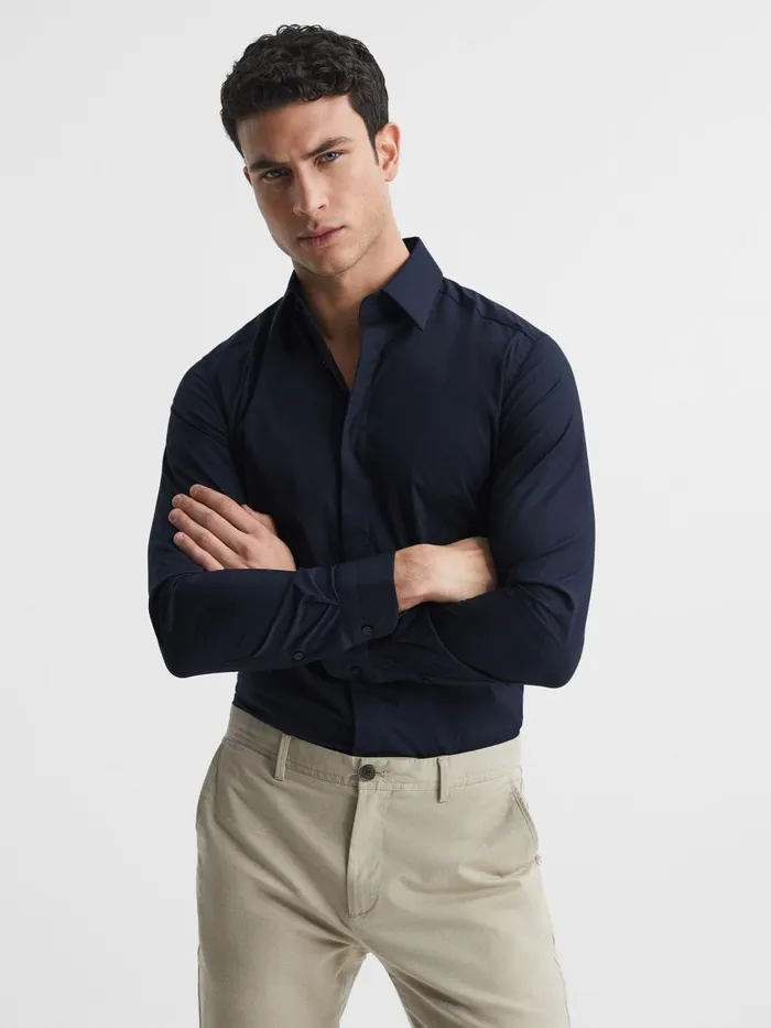 Men Reiss Shirts Kiana Slim Fit Cotton Blend Shirt Navy