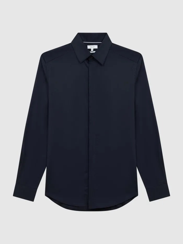 Men Reiss Shirts Kiana Slim Fit Cotton Blend Shirt Navy