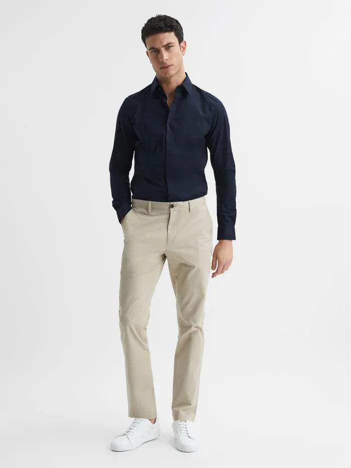 Men Reiss Shirts Kiana Slim Fit Cotton Blend Shirt Navy