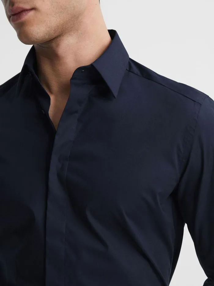 Men Reiss Shirts Kiana Slim Fit Cotton Blend Shirt Navy