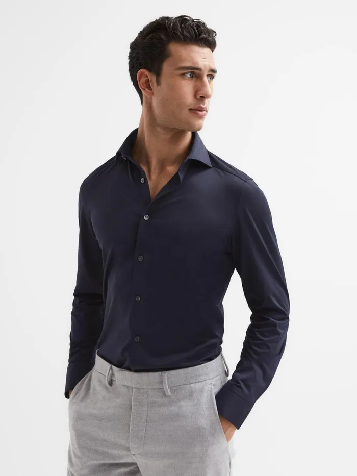 Men Reiss Shirts Nate Cutaway Collar Jersey Slim Fit Shirt Navy