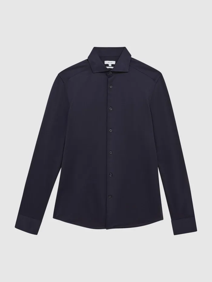 Men Reiss Shirts Nate Cutaway Collar Jersey Slim Fit Shirt Navy