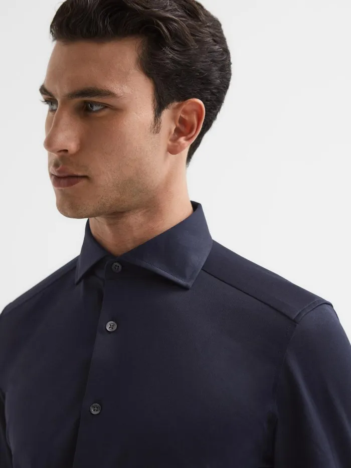 Men Reiss Shirts Nate Cutaway Collar Jersey Slim Fit Shirt Navy