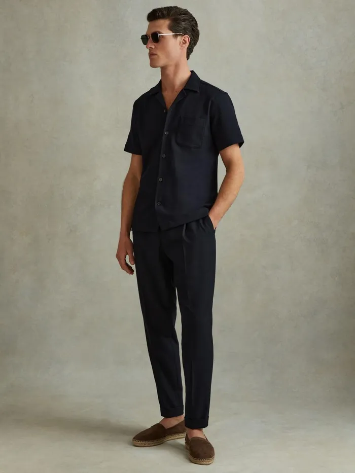 Men Reiss Shirts Nitus Herringbone Cuban Collar Shirt Navy