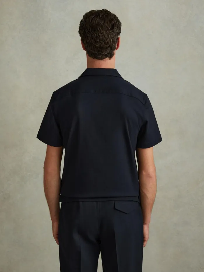 Men Reiss Shirts Nitus Herringbone Cuban Collar Shirt Navy